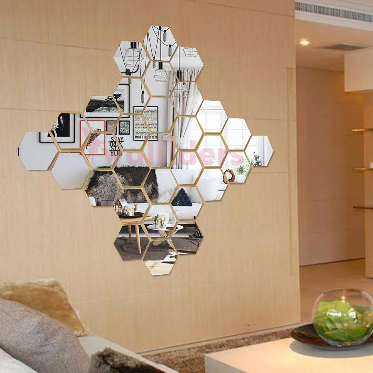 30 Hexagon and 10 Butterflies Silver (Each Hexagon Size 10.5 cm x 12 cm) Hexagon Mirror Wall Stickers, Mirror Stickers for Wall,