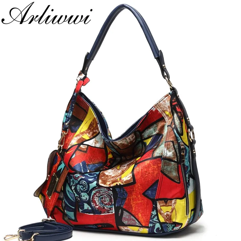 Arliwwi High Quality Totem Image Nylon Bags Women New Fashion Big Ladies Featured Elegant Crossbody Handbag PY06