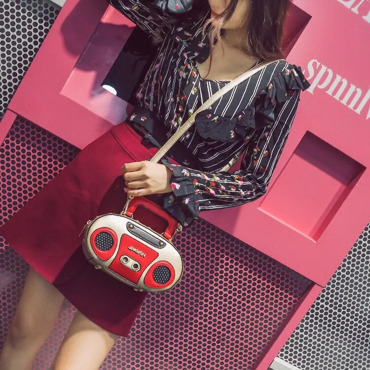 Christmas Gift Personality Retro Radio Shape Bag Ladies Cute Handbag Shoulder Bag Messenger Bag Rock Crossbody Bag