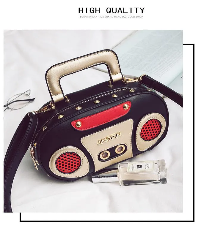 Christmas Gift Personality Retro Radio Shape Bag Ladies Cute Handbag Shoulder Bag Messenger Bag Rock Crossbody Bag