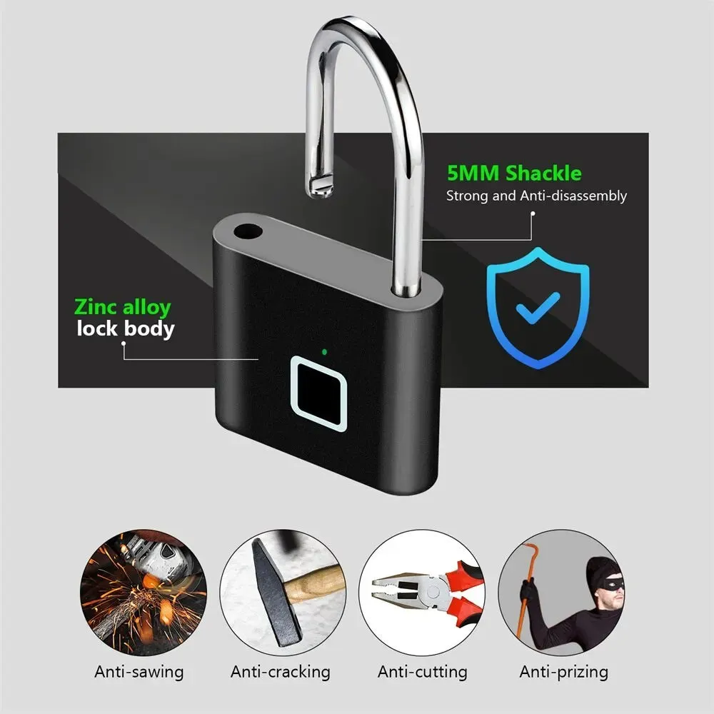 Fingerprint Padlock Keyless USB Rechargeable Lock For Home Letterbox Travel Suitcases