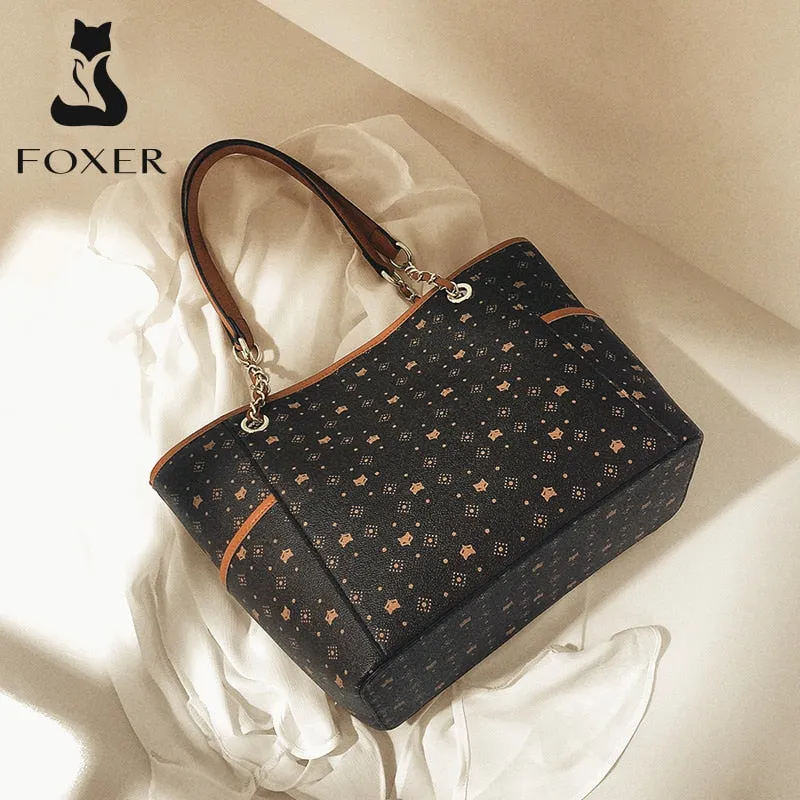 FOXER Ladies Business Top-Handbags PVC Leather Women Shoulder Handbag Embossing Totes Female Vintage Travel Large Capacity Purse