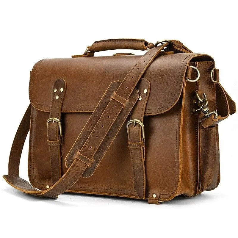 Genuine Leather Mens Briefcase Laptop Bag Vintage