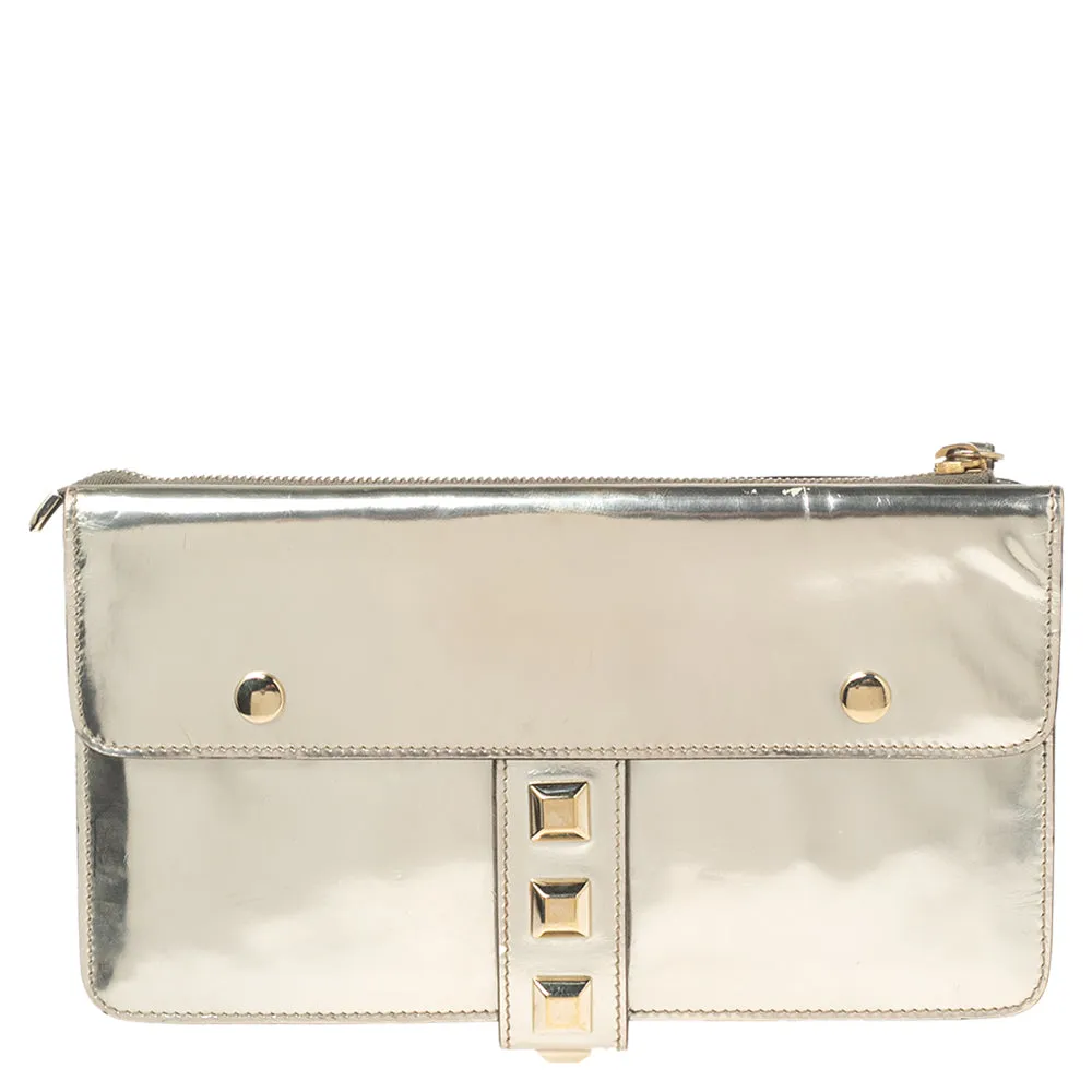 Gucci Metallic Gold Laminate Leather Studded Evening Wristlet Clutch