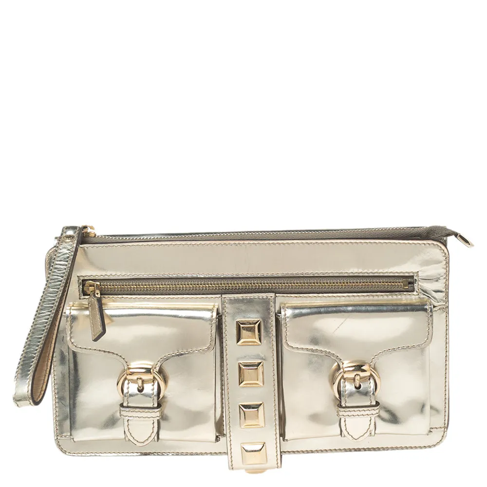 Gucci Metallic Gold Laminate Leather Studded Evening Wristlet Clutch