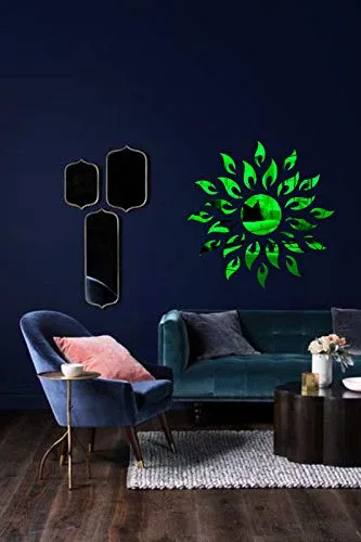 KC D�cor Beautiful Sun Decorative Design Green Mirror Acrylic Wall Sticker Self Adhesive Home D�cor (Mirror Green Colour)