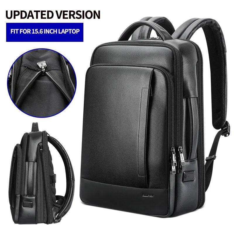 Men's Genuine Leather Waterproof Backpack Black