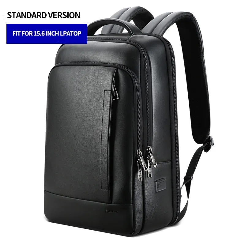 Men's Genuine Leather Waterproof Backpack Black