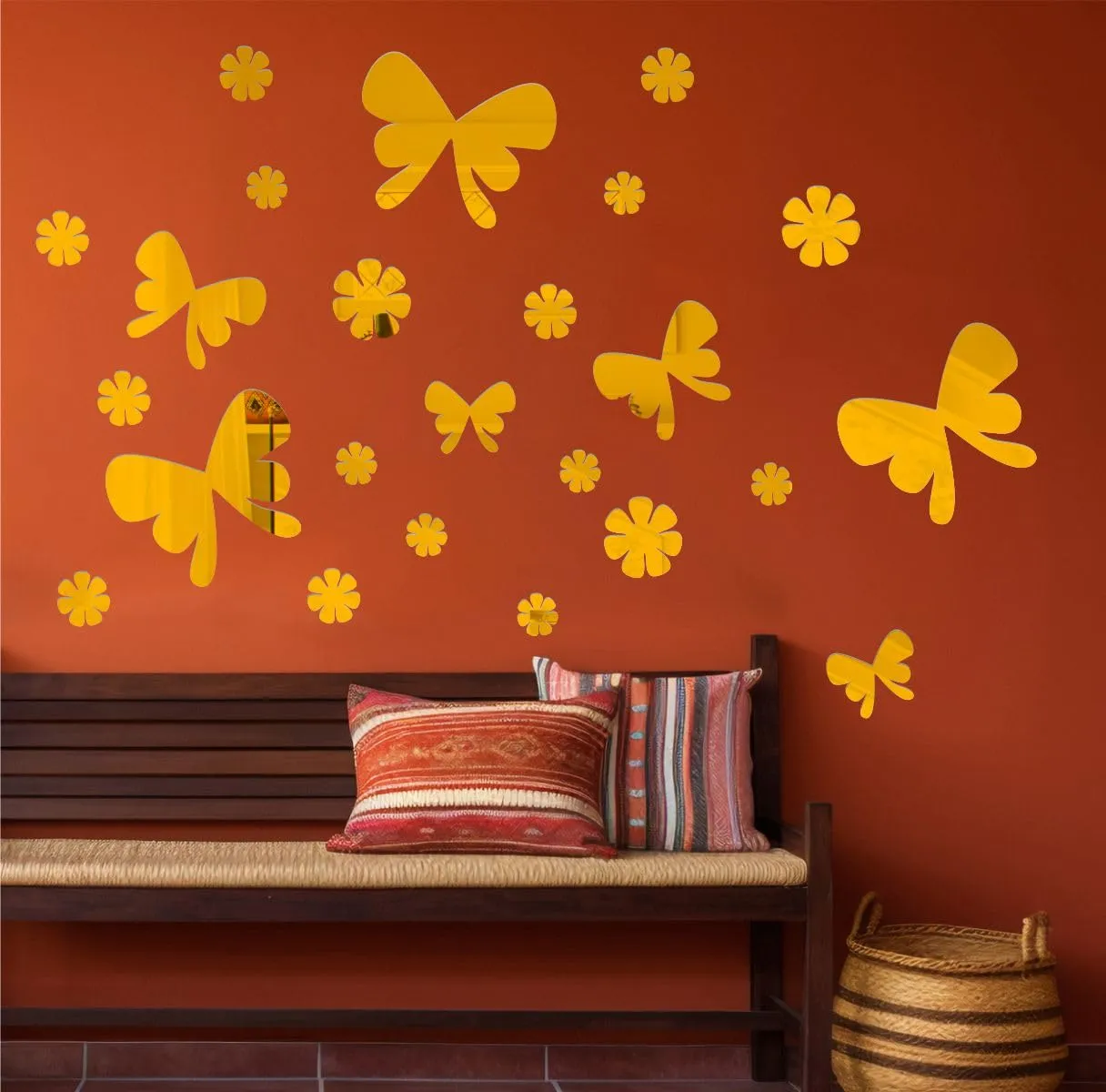 Rawpockets Butterfly Groups Golden Mirror Sticker for Wall, 2mm Premium 3D Sticker, Acrylic Mirror Wall Decor Sticker, Wall Mirror Stickers, Wall Stickers for Hall Room, Bed Room, Kitchen