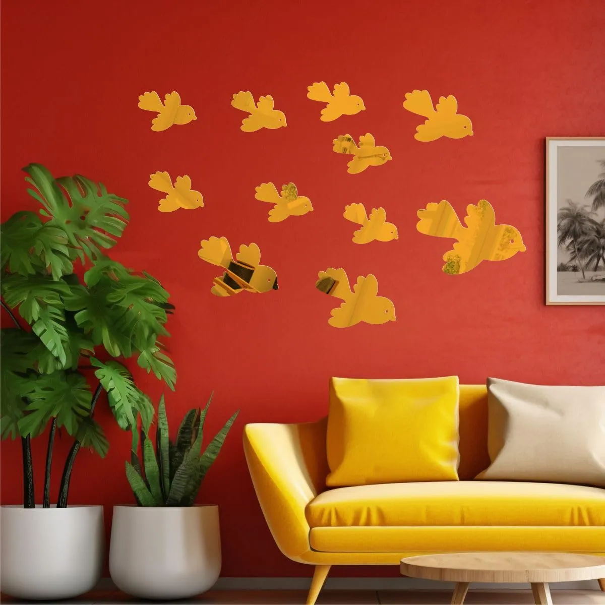 Rawpockets Flying Birds Golden Mirror Sticker for Wall, 2mm Premium 3D Sticker, Acrylic Mirror Wall Decor Sticker, Wall Mirror Stickers, Wall Stickers for Hall Room, Bed Room, Kitchen (Gold)