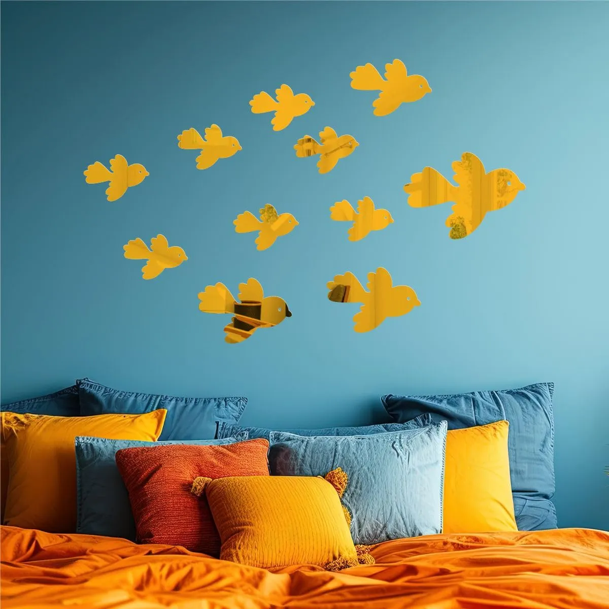 Rawpockets Flying Birds Golden Mirror Sticker for Wall, 2mm Premium 3D Sticker, Acrylic Mirror Wall Decor Sticker, Wall Mirror Stickers, Wall Stickers for Hall Room, Bed Room, Kitchen (Gold)