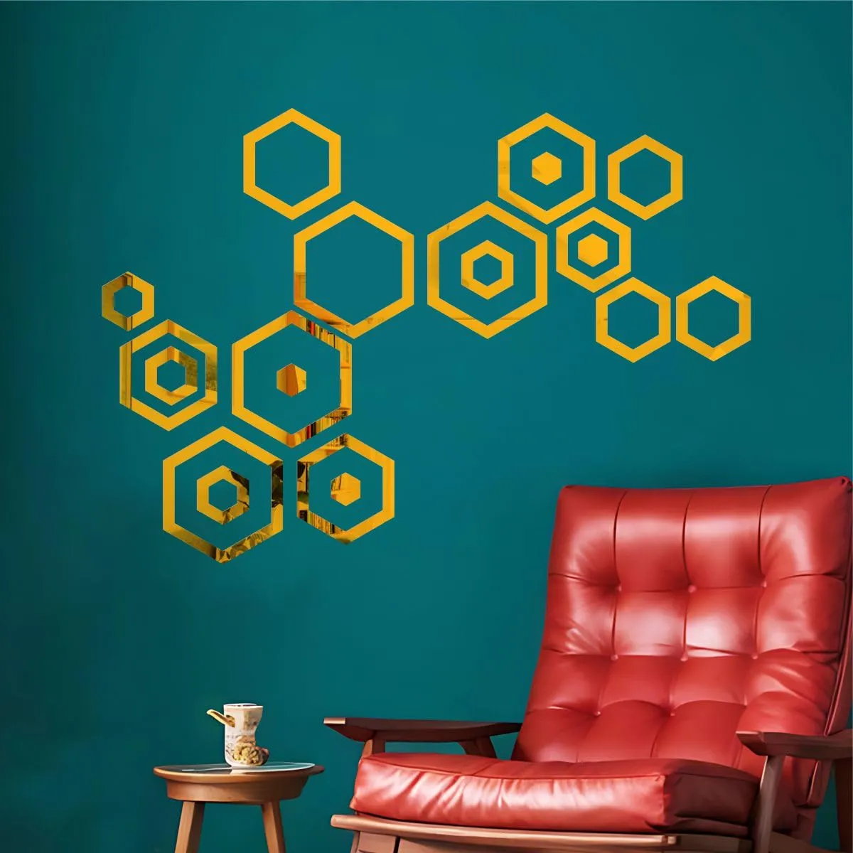 Rawpockets Hexagon Mirror Sticker for Wall, 2mm Premium 3D Sticker, Acrylic Mirror Wall Decor Sticker, Wall Mirror Stickers, Wall Stickers for Hall Room, Bed Room, Kitchen (Gold)