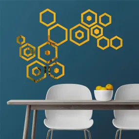 Rawpockets Hexagon Mirror Sticker for Wall, 2mm Premium 3D Sticker, Acrylic Mirror Wall Decor Sticker, Wall Mirror Stickers, Wall Stickers for Hall Room, Bed Room, Kitchen (Gold)