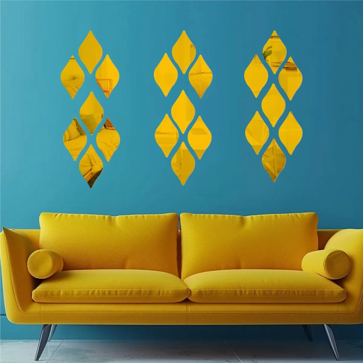 rawpockets Leaf Shaped Mirror Sticker for Wall, 2mm Premium 3D Sticker, Acrylic Mirror Wall Decor Sticker, Wall Mirror Stickers, Wall Stickers for Hall Room, Bed Room, Kitchen (Gold)