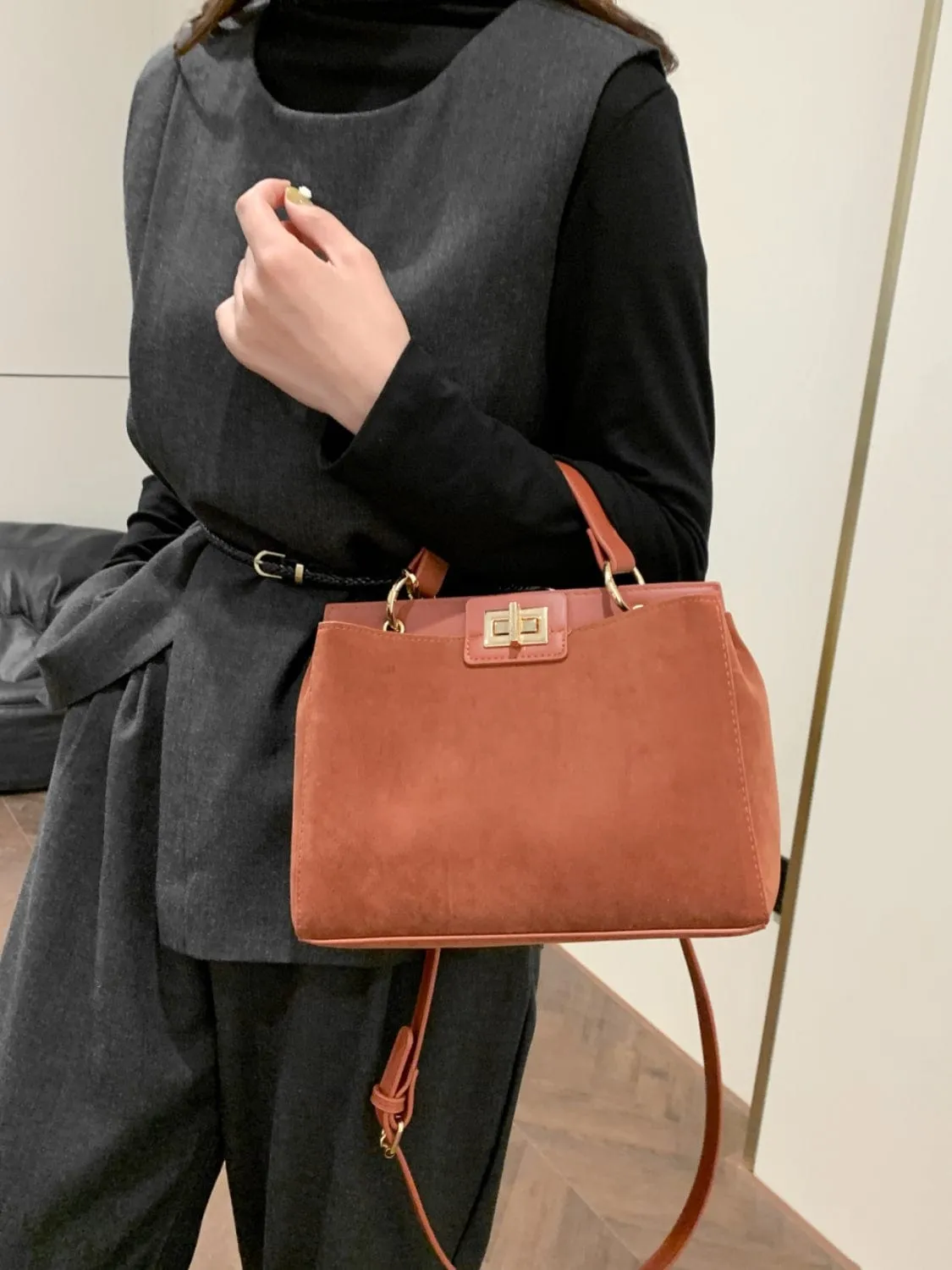 Solid Color Handbag with Removable Strap