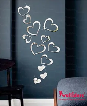 Wall1ders 12 Lovely Hearts, Mirror Stickers for Wall, Acrylic Mirror Wall Decor Sticker, Wall Mirror Stickers, Acrylic Stickers, Wall Stickers for Hall Room, Bed Room, Kitchen. (Silver)