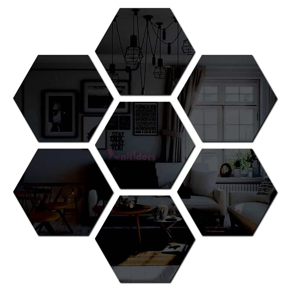 Wall1ders 13 Hexagon (Each Hexagon Size 10.5 cm x 12 cm) Hexagon Mirror Wall Stickers, Mirror Stickers for Wall (Black)