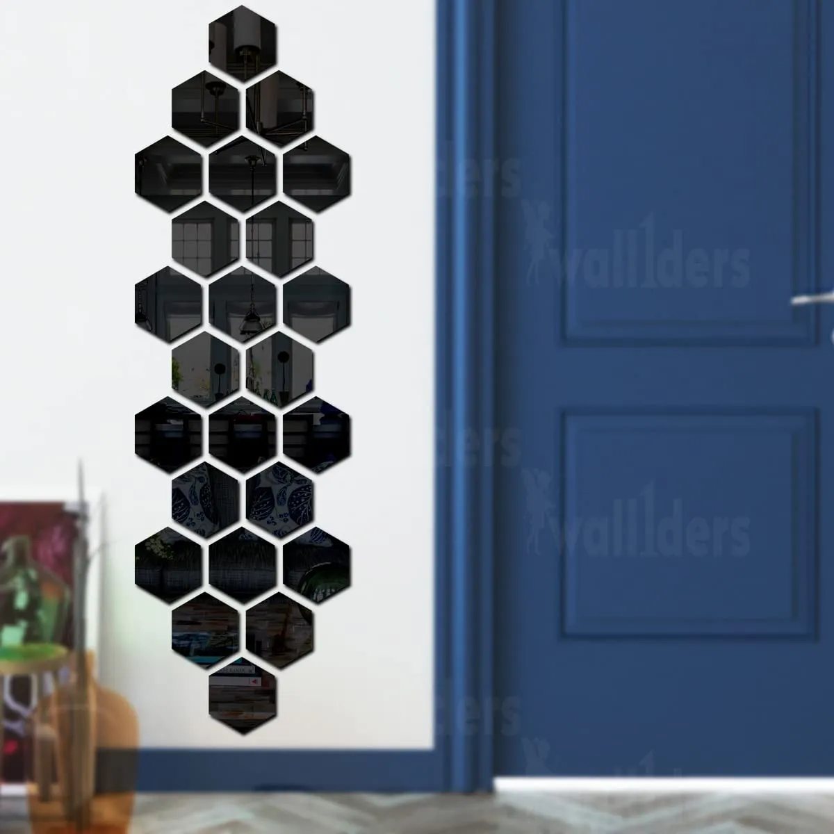 Wall1ders 13 Hexagon (Each Hexagon Size 10.5 cm x 12 cm) Hexagon Mirror Wall Stickers, Mirror Stickers for Wall (Black)