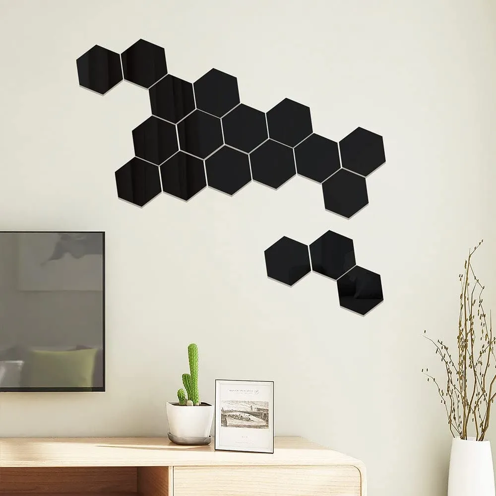 Wall1ders Hexagon 20 (Hexagon Size 12.1 cm x 10.5 cm) Hexagon Mirror Wall Stickers(Black)