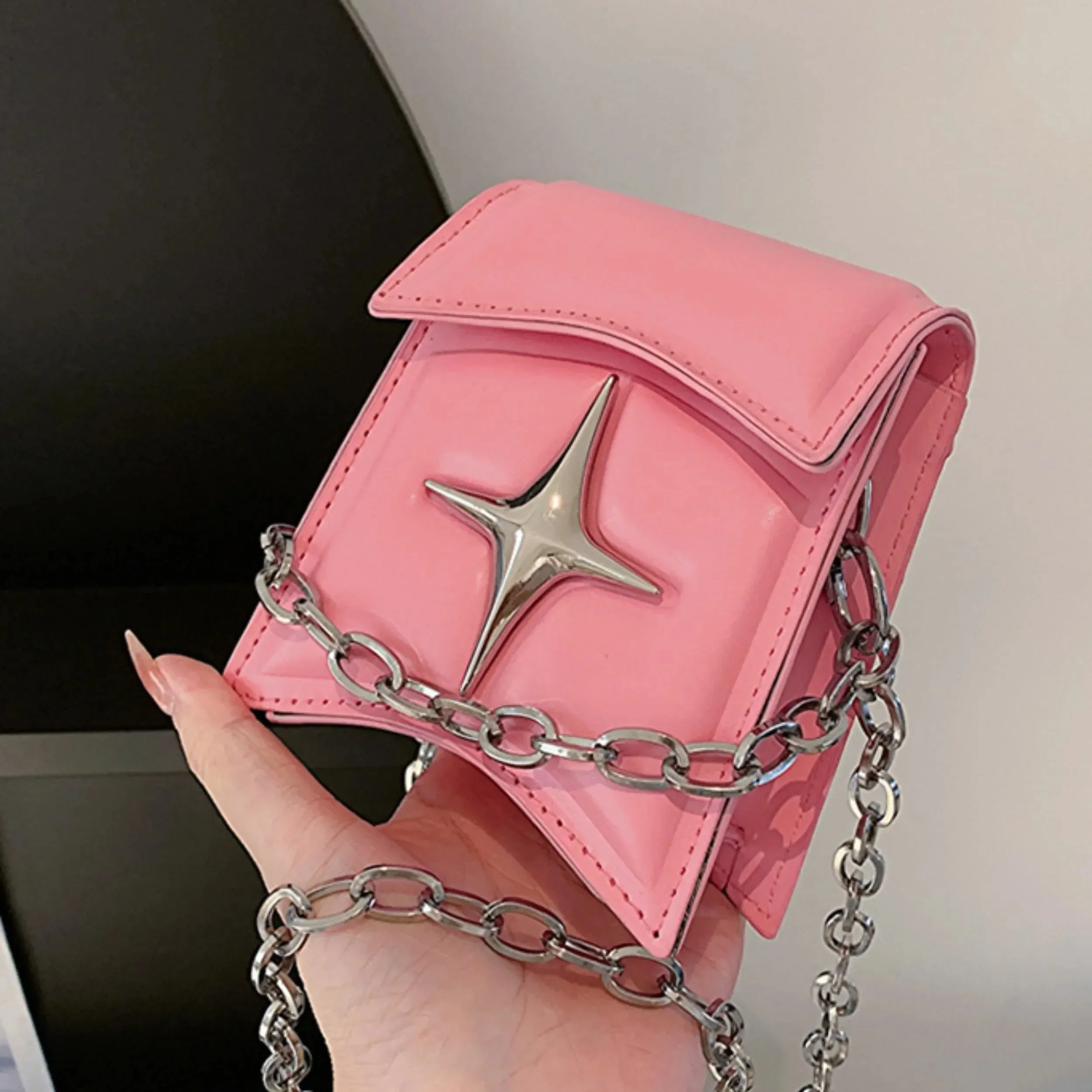 Y2K Gothic Small Leather PU Korean Cross Vintage Pink Chain Bag